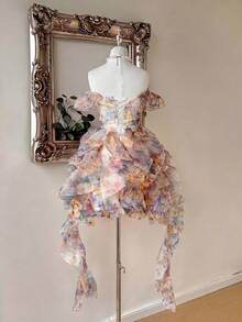 Lovelzi Elegant Romantic Vacation Glossy Shimmer Floral Strapless Off-Shoulder Ruffle Sleeve Bustier High Waist Slimming Asymmetrical Multi-Layered Ruffle Puff A-Line Skirt Extra Long Decorative Jellyfish Hem Back Adjustable Tie Strap Dress For Date Vacation Beach Wedding Event Graduation Homecoming Spring Summer Elegant Party Women Wedding Guest Gathering - Apricot - View 2