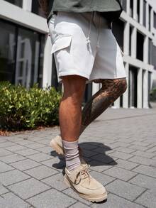 Artur Kramer Men's Solid Color Drawstring Waist Cargo Pocket Casual Shorts - Beige - View 6