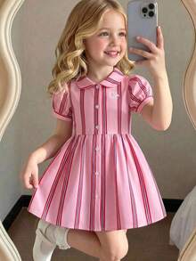 SHEIN Casuvi Kids Girls' Casual Fashion Preppy Style Pattern Embroidery Striped Puff Short Sleeve Shirt Dress, Suitable For Spring/Summer Outings, Outdoor, School And Daily Wear - Pink - View 1