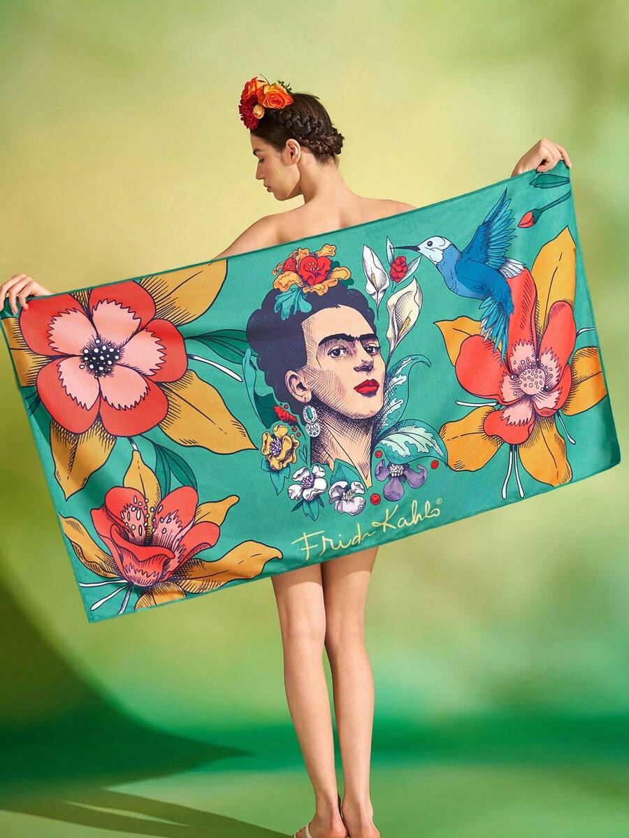 Frida Kahlo X SHEIN 1件裝卡通海綿印花浴巾,沙灘巾,可用於海邊,游泳毛巾 - 綠色 - 查看 1