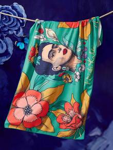 Frida Kahlo X SHEIN 1件裝卡通海綿印花浴巾，沙灘巾，可用於海邊，游泳毛巾 - 綠色 - 查看 7