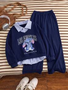 SHEIN Tween Girls Hoodie Fall Outfits 2pcs/Set S Casual Set In Navy Blue, Layered Design. The Top Features A Clever, Fall, Back To School, Minimalist, Loose - Navy Blue - View 4