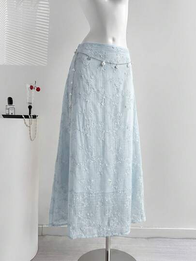 Elamini Gentle Fresh French Country Vintage Retro Daily Commute Shopping Date Spring Outing Afternoon Tea Light Vacation Best Friend Gathering Low Waist Embroidered Fabric Apricot Low Waist A-Line Long Skirt For Women