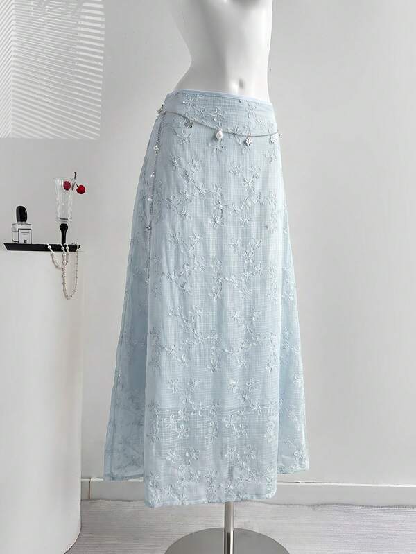 Elamini Gentle Fresh French Country Vintage Retro Daily Commute Shopping Date Spring Outing Afternoon Tea Light Vacation Best Friend Gathering Low Waist Embroidered Fabric Apricot Low Waist A-Line Long Skirt For Women