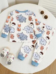 SHEIN Baby Boy Baby Girl Snug Fit Autumn/Winter Cute Animal Pattern Ribbed Crew Neck Long Sleeve Top And Pajama Pants Soft Comfortable Tight Fit Sleepwear Home Wear Set 2pcs, Christmas, New Year, Pajama - Multicolor - View 7