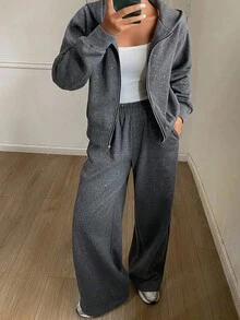Livesso Tall Setelan Kasual 2 Potong Wanita Berbahan Payet, Atasan Sweatshirt Berkerudung dengan Bukaan Depan dan Celana Longgar untuk Musim Gugur - Grey - View 8