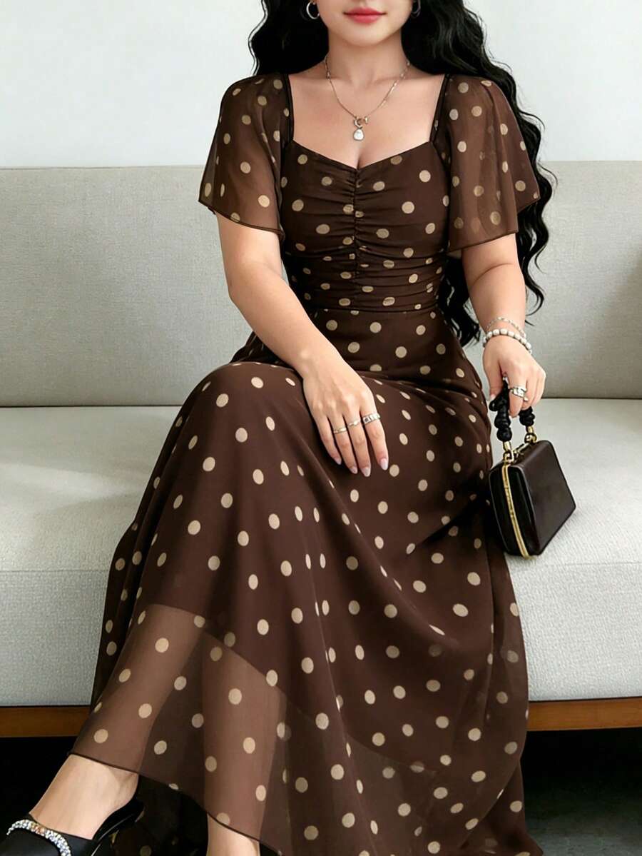 Modelyn 卡其色圓點印花咖啡色大尺碼法式風格洋裝,時尚方領百褶設計搭配飄逸袖女款簡約長洋裝,夏季收腰修身優雅長裙,適合夏季度假、日常穿著 - 彩色 - 查看 1