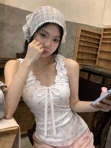 FRIFUL Women's Summer Casual Vacation Ditsy Floral V-Neck Frill Bow Decor Ruched Bust Fitted Tank Top - White - View 5