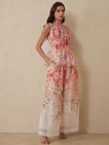 BELROSIE Summer Autumn Beige Colorblock Floral Print Ruched Waist Fla Top With Loose Wide Leg Pants, Women's 2 Pieces Set, Elegant Garden Party Vacation Wedding - White - View 3
