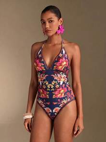 Swim Oasis 南美椰子樹粉綠花卉拼接印花高級女款連身海灘度假套裝 - 彩色 - 查看 5