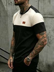 EGENSIO Men's Plus Size Patchwork Colorblock Textured T-Shirt - Black - View 3