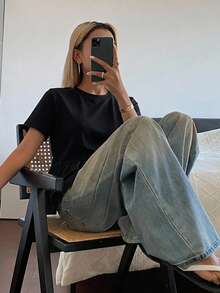 DAZY Women's Round Neck Casual Loose Ruffle Hem Basic Short Sleeve T-Shirt - Black - View 13