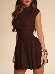 SHEIN BAE Spring/Summer Solid Dark Brown Stand Collar Sleeveless Ruched Chest Gathered Waist Multi-Layer Asymmetric Ruffle Cake Dress, Sweet Fairy Style - Coffee Brown - View 6