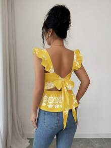 Elenzga Women's Summer New Apricot Base Black Positioned Print Back Bow Tie Waist-Cinching Flutter Sleeve Blouse - Yellow - View 2