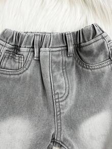 SHEIN 男嬰休閒基礎款保暖抓絨內裡灰色牛仔寬鬆牛仔褲，秋冬季，適合返校、節日、聖誕節 - 淺灰色 - 查看 4
