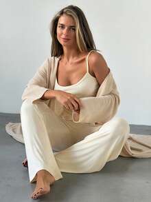 Livesso Women's Solid Color Versatile Camisole Top And Long Pants With Long Sleeve Cardigan Loungewear Set Fall - White - View 5