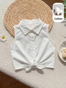 SHEIN 女童編織純白色無袖上衣 - 白色 - 查看 1