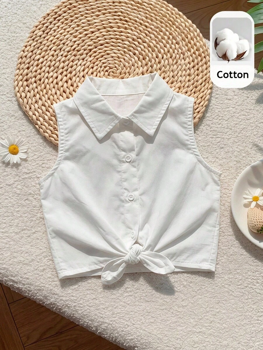 SHEIN 女童編織純白色無袖上衣 - 白色 - 查看 1