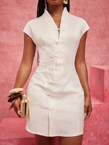 NYA SZN Dress Mini Length Short Sleeve Button Front Everyday Brunch White Outfits For Women - White - View 5