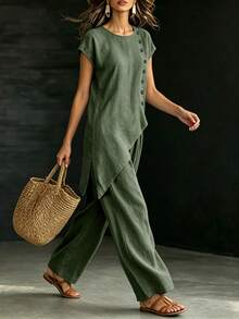 SHEIN Holidaya 2026新款夏季度假休閒兩件套 藍色鈕扣裝飾不對稱下擺兩件套鄉村風女裝套裝 - 軍綠色 - 查看 4
