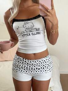 CovetEZ HELLO KITTY AND FRIENDS | SHEIN 2件組 女款蕾絲背心上衣與抓皺短褲，適合夏季 - 彩色 - 查看 3