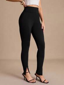 COSMINA Women's Solid Color High Waist Split Hem Casual Basic Modest Leggings Office Work Black Autumn - Black - View 2