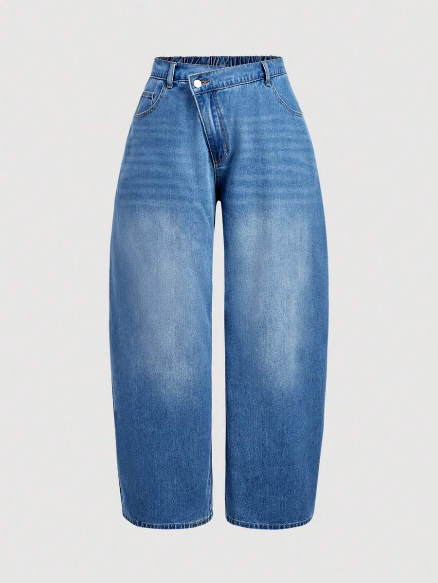 Sweetra Celana Jeans Wanita Ukuran Besar Modis, Kasual, Serbaguna, dengan Potongan Melengkung - Medium Wash - View 1
