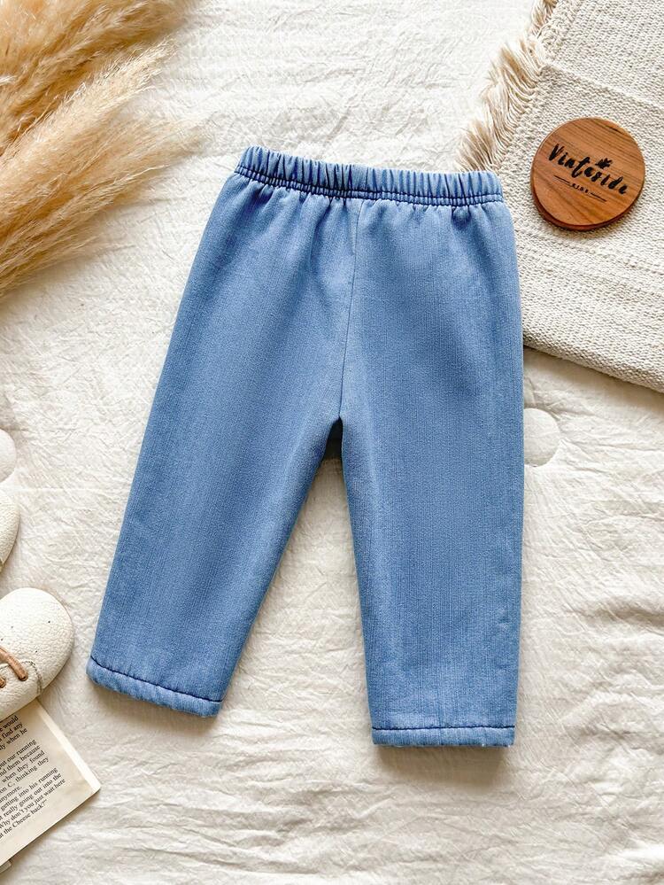 Vintaside Kids Baby Boy Autumn/Winter Thickened Fashion Versatile Simple Washed Denim Long Pants Suitable For Casual Outings Or Shopping And Other Daily Casual Wear - Baby Blue - View 2