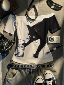 IslaSuriya 女款 Y2K 趣味貓咪印花露肩 T-shirt - 復古 2000 年代風格 - 彩色 - 查看 1