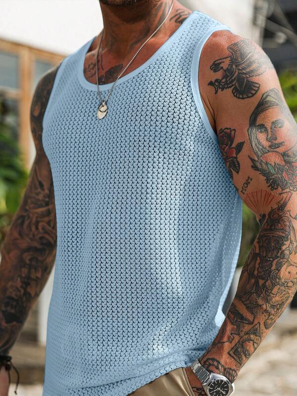Manfinity RSRT Men's Crew Neck Hollow Out Jacquard Casual Versatile Daily Wear Tank Top Light Blue Men Knit Mesh Crochet Sleeveless Holiday