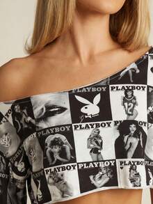 Missguided x Playboy 杂志图案 AOP 印花露肩短款上衣，短袖，棋盘格拼贴 - 彩色 - 查看 5