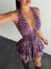 SHEIN SXY 女士性感时尚街头度假风豹纹露背吊带层叠荷叶边连衣裙，夏季 - 紫色 - 查看 7