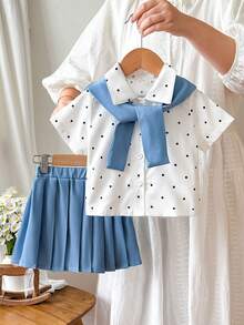 SHEIN Playful Pals 女嬰 3 件組 黑白波點與嬰兒藍上衣 + 罩衫 + 百褶裙 開學季夏季叢林風可愛套裝 - 藍色 - 查看 7