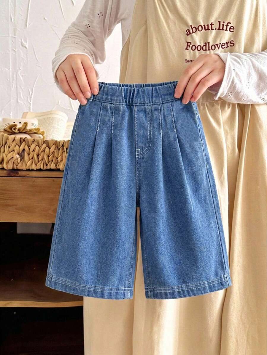 SHEIN LMoss Kids 女嬰深藍色寬鬆牛仔褲 - 中等水洗藍 - 查看 1