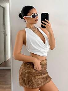 SHEIN ICON 領口綁帶純色露背深V垂領無袖性感背心上衣，跨年出遊穿搭上衣 - 白色 - 查看 5