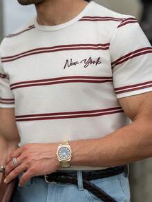 YOUESAWY YOUESAWY Men's Casual Red Striped Pattern T-Shirt, Suitable For Summer, School, Outing, Friend Gift - Apricot - View 5
