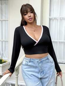 GalTyme Plus Size Women Deep V-Neck Colorblock Casual Versatile Daily Long Sleeve T-Shirt Fall - Black - View 4