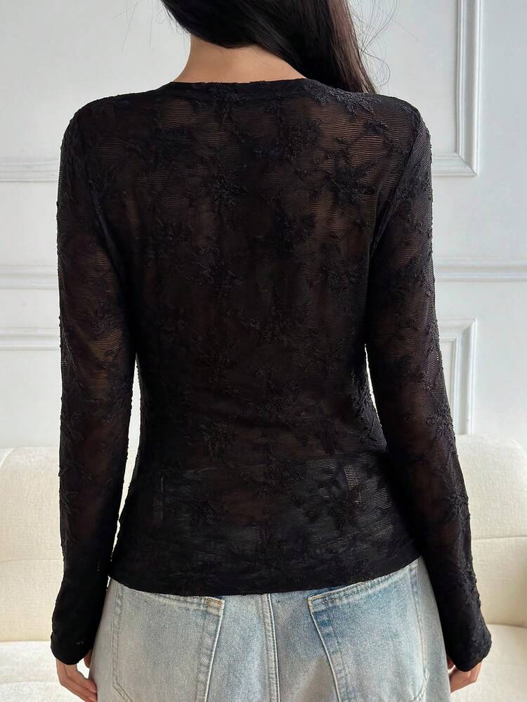 DAZY Top de pijama para mujer de manga larga ajustado con textura jacquard y semitransparente - Negro - Añade 2