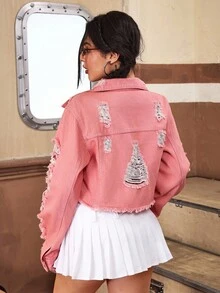 SHEIN ICON 时尚纯色破洞短款牛仔夹克 - 紅色 - 查看 2