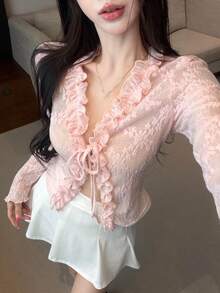 DAZY 秋季粉色花卉鏤空蕾絲前綁帶開襟衫，修身女款上衣，適合派對、茶會、度假、外出、夜晚聚會、約會、婚禮，性感可愛 - 粉色 - 查看 1