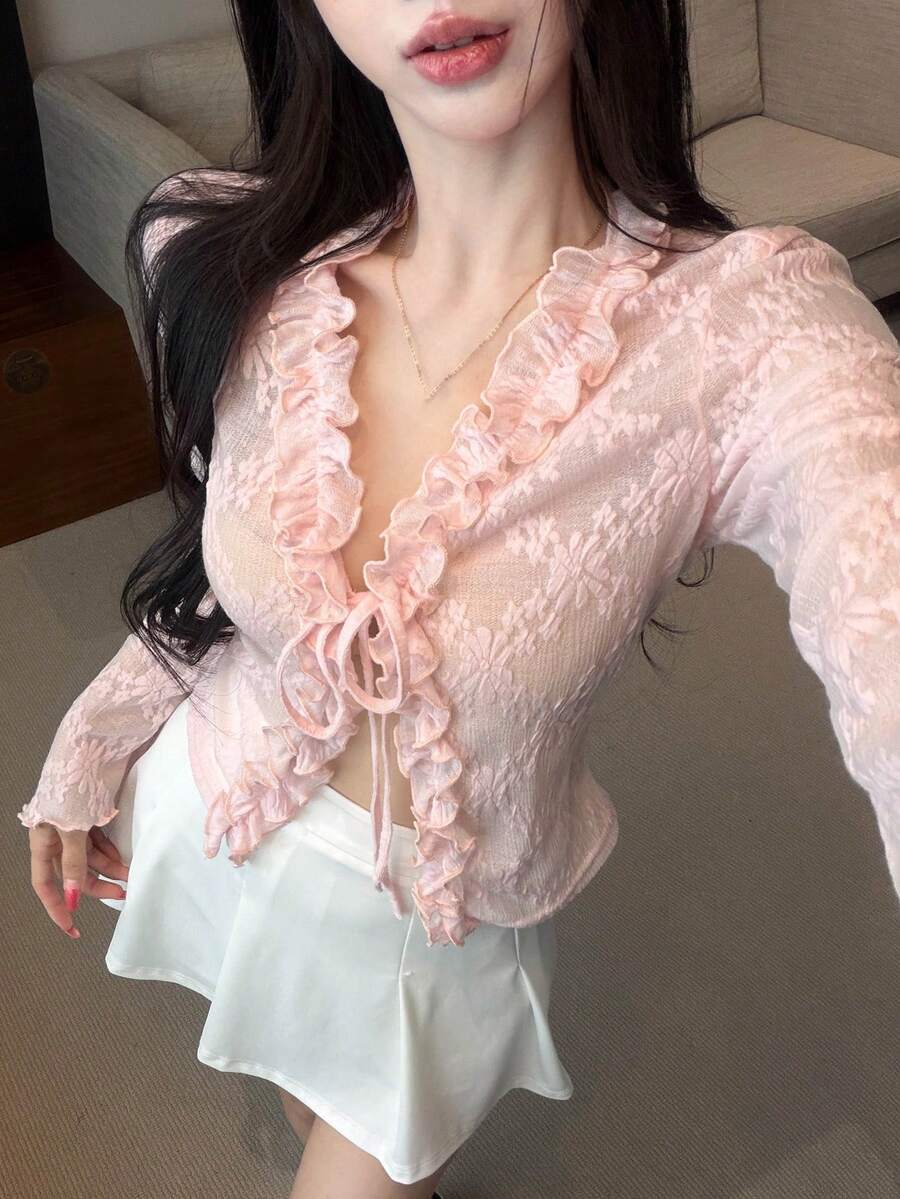 DAZY 秋季粉色花卉鏤空蕾絲前綁帶開襟衫,修身女款上衣,適合派對、茶會、度假、外出、夜晚聚會、約會、婚禮,性感可愛 - 粉色 - 查看 1