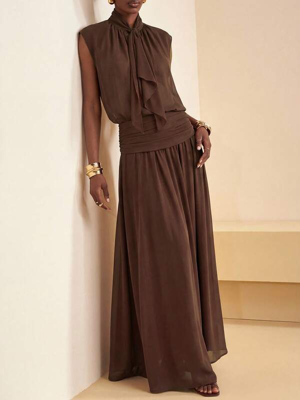 Zivah New Summer/ Autumn Hot-Selling Casual Commuting Vacation Coffee Brown Pleated Stand Collar V-Neck Loose Sleeveless Blouse + Pleated Midi Skirt Women Two Pieces Set,Suitable For Everyday Wear, Going Out,Vacations, Travel, Beaches, Party, Airport Outfits, Brunch Outfits,Boho , Nomadic,Casual ,Shopping,Work Outfits For Women,Graduation Outifit,Country Concert Outfit,Back-To-School
