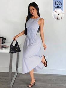 SHEIN PETITE Spring/Summer Blue And White Striped Sleeveless A-Line Long Dress – Fresh Casual Coastal Tropical Style, Elegant Women's Picnic Brunch Vacation Resort - Aqua Blue - View 1