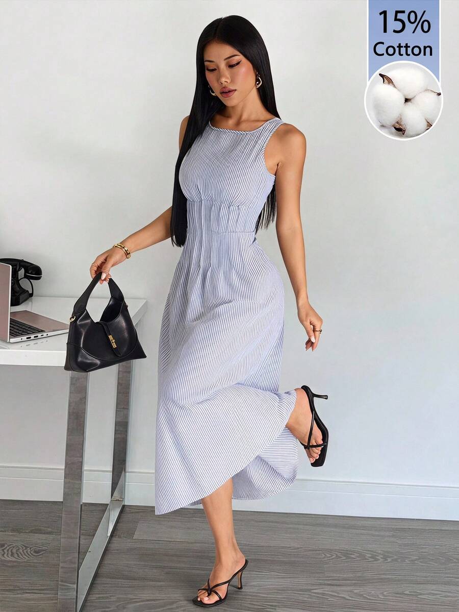 SHEIN PETITE Spring/Summer Blue And White Striped Sleeveless A-Line Long Dress – Fresh Casual Coastal Tropical Style, Elegant Women's Picnic Brunch Vacation Resort - Aqua Blue - View 1