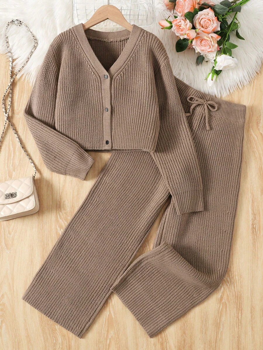 SHEIN Tween Girl 2pcs Set Autumn/Winter Casual Preppy Purple-Grey Knit V-Neck Button-Front Cardigan With Drawstring Flare Pants Knit Set - Khaki - View 1