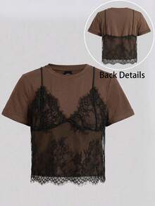 SHEIN Tall CURVE Kaos Lengan Pendek Leher Bulat Putih Berenda Ukuran Besar untuk Musim Panas (2 in 1) - Coffee Brown - View 1