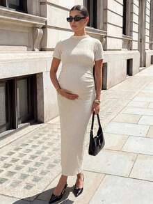 MaterniWear Women's Summer Maternity Casual Beige Short-Sleeve Slim-Fit Jacquard Knit Dress - Apricot - View 10