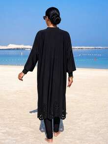 Swim Mulvari Women's Burkini Laser Cutout Bohemian Loose Full Coverage Modest Elegant Half-Zip Pullover Swimsuit Spring Summer Muslim - Black - View 3