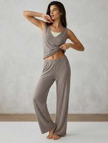 DAZY Women's Colorblock Patchwork Tank Top & Long Pants Loungewear Set Pajamas - Grey - View 5