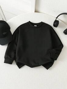 SHEIN 1件男童休閒學院風舒適時尚極簡街頭風寬鬆實用百搭大字母圖案厚款運動衫，適合日常穿著、校園出遊、運動，秋冬款 - 黑色 - 查看 2